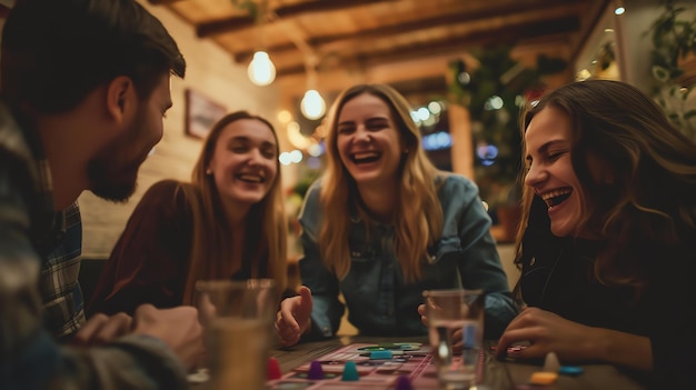 Vier vrienden zitten rond een tafel en spelen een bordspel ze lachen allemaal en hebben een leuke tijd de kamer is gezellig en uitnodigend