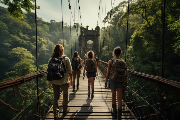 Vier vriendinnen lopen door de jungle op een hangbrug