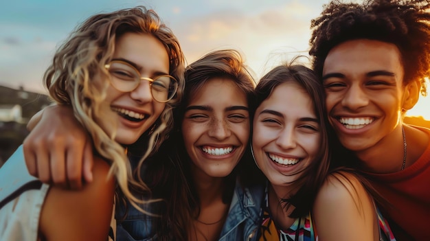 Vier vrolijke jonge vrienden, twee vrouwen en twee mannen poseren samen voor een foto buiten