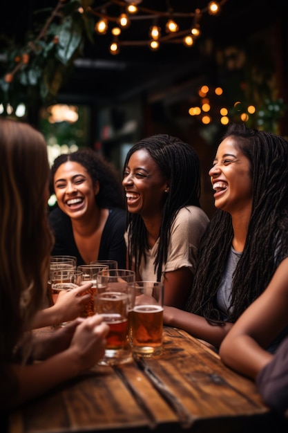 Vier vrolijke vrouwen genieten van bieren in een bar.