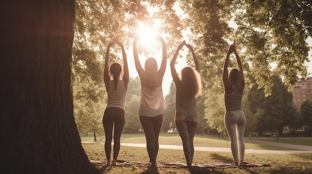 Vier vrouwen doen yoga in een park, een van hen draagt een shirt met de tekst 'yoga'