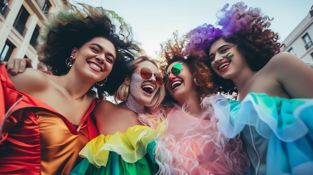 Vier vrouwen in kleurrijke jurken lachen LGBT Pride