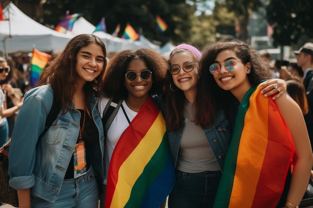 Vier vrouwen poseren met een regenboogvlag voor een menigte.