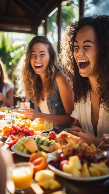 Vier vrouwen van verschillende rassen lachen en eten samen aan een tafel vol eten.