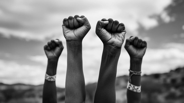 Foto vier vuisten van afrikaanse mensen naar de lucht opgeheven zwart-wit foto met kopieerruimte