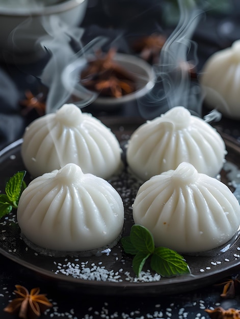 Vier witte dumplings met muntbladeren op een zwart bord.