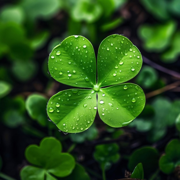 Vierbladige groene klaver close-up zicht kleine druppels dauwwater Groene vierbladige klaver symbool van St. Patrick's Day