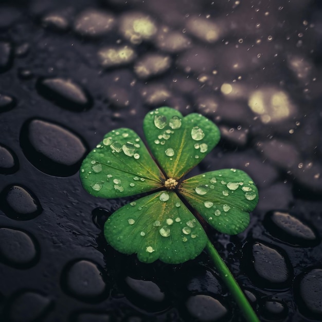 Vierbladige groene klaver met regendruppels dauw op donkere achtergrond met waterdruppels Groene vierbladige klaver symbool van St. Patrick's Day