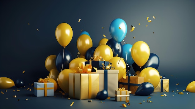 Viering blauwe achtergrond met geelblauwe gouden ballonnen geschenken en confetti