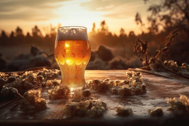 Viering in de schemering, gouden bier, levendige toast, generatieve IA