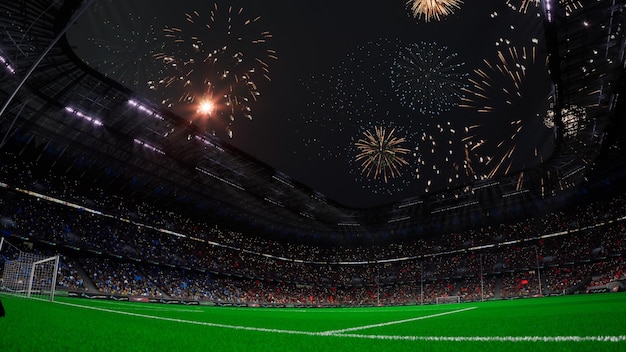 Foto viering op voetbalstadion arena vuurwerkeffecten fans openingsspel 3d render
