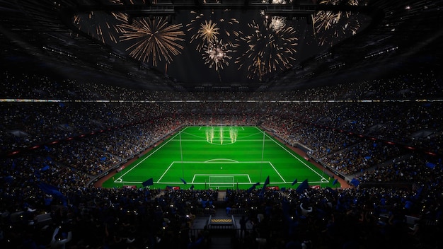 Viering op voetbalstadion arena vuurwerkeffecten fans openingsspel 3d render