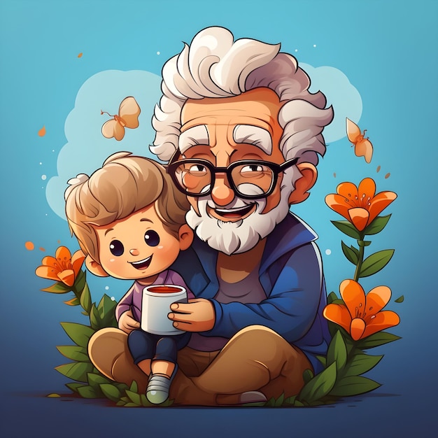 Viering van de dag van de grootouders, schattige sociale media posten een prachtig lijntekeningen sjabloonontwerp