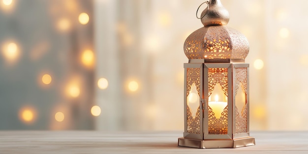 viering van islamitische eid mubarak en eid al adha lantaarn in een lichte achtergrond kopie ruimte