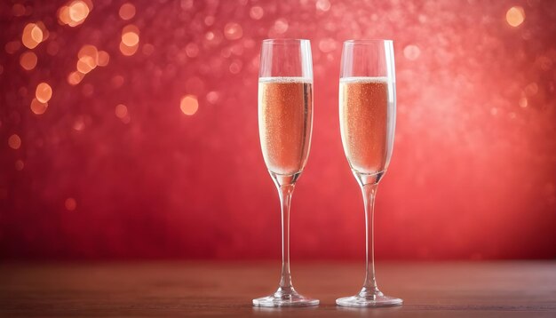 Viering van Valentijnsdag met twee champagne glazen op lichte bokeh en rode textuur achtergrond achtergrond