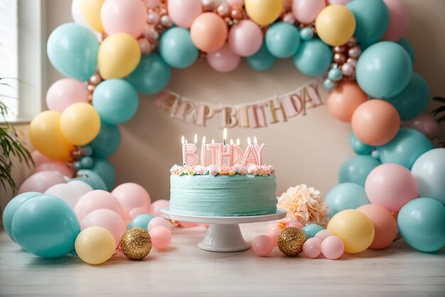 Viering verjaardagsfeestje met taart en ballonnen illustratie
