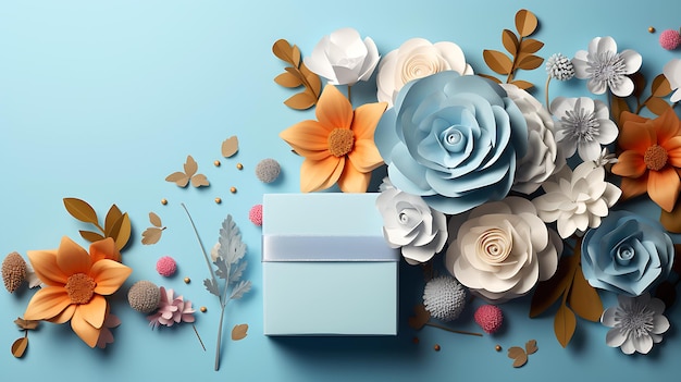 Vieringen achtergrondbanner in blauwe kleur met kopie ruimte achtergrond met bloemen en geschenkdozen voor een verkoopcampagne
