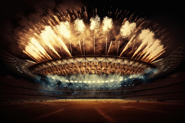 Vieringen worden gehouden met vuurwerk in de bovenste foto van de Stadium Arena