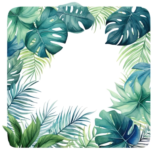 Foto vierkant frame van aquarel tropische groene bladeren op witte achtergrond