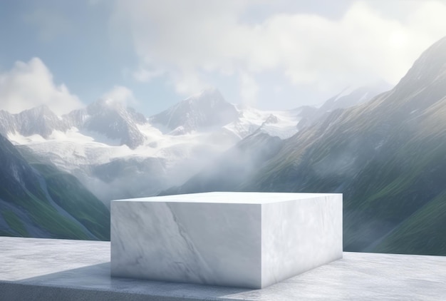 vierkant marmeren podium op een marmeren tafel en bergen op de achtergrond