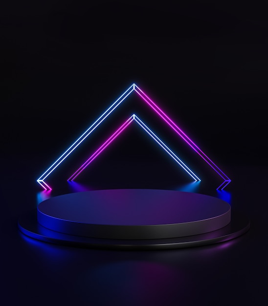 Vierkant neonlicht podium podium rond zwart donker display product 3d-rendering