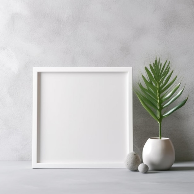 Vierkant wit frame voor mockup-materiaal met groen in de kopieerruimte op een witte tafel