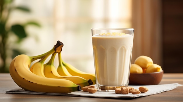 Vierkante compositie voor verfrissende voedselfotografie Gezonde bananen smoothie milkshake prachtig