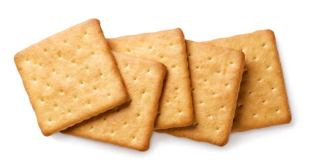 Vierkante crackers cookies close-up op een witte achtergrond Top view