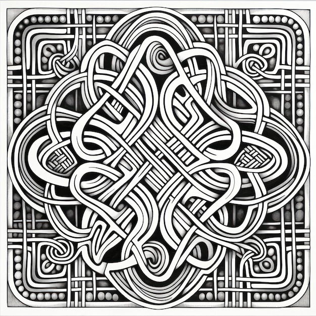 Vierkante kunst zentangle met verweven vormen geïnspireerd op Vikingkunst en Keltische knopen