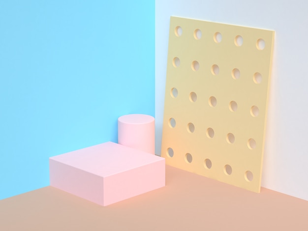 vierkante roze podium blauwe witte muur abstracte hoek scène 3D-rendering