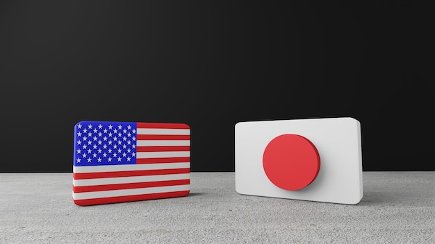 Vierkante vlag van de Verenigde Staten van Amerika met de vierkante vlag van japan, 3D-rendering