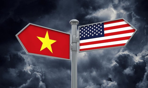 다른 방향으로 움직이는 베트남과 미국 국기 3D 렌더링