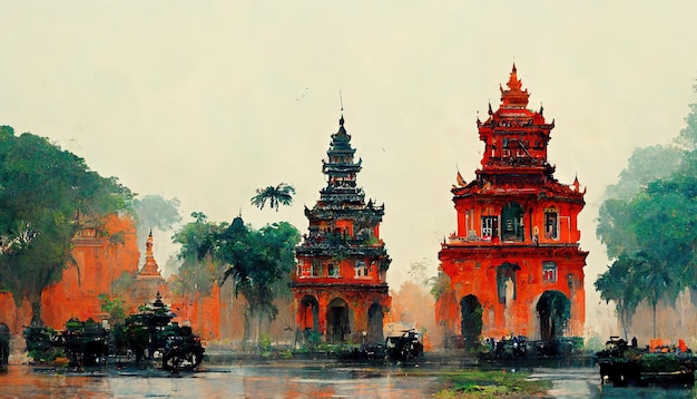 Vietnam ancient landmarks painting illustration vietnamese temple architecture