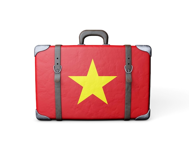 Vietnam flag on a vintage leather suitcase 3D Rendering