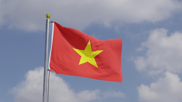 vietnam flag waving on a flag pole background sky with clouds