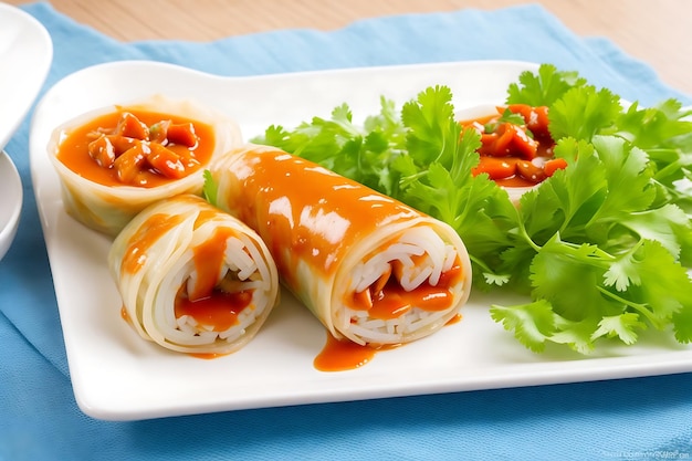 Photo vietnam food spring rolls with sweet chili sauce asian cuisine