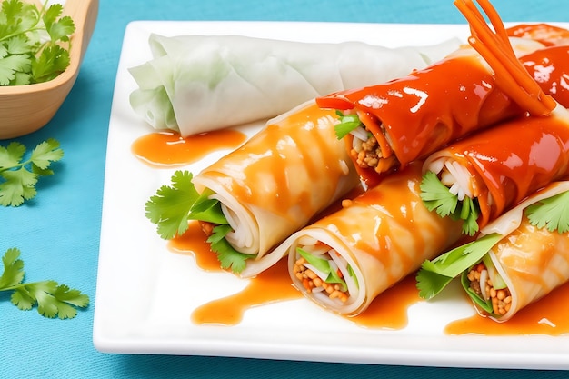 Photo vietnam food spring rolls with sweet chili sauce asian cuisine
