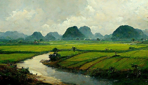 Vietnam green fields landscape river in vietnam painting\
illustrations