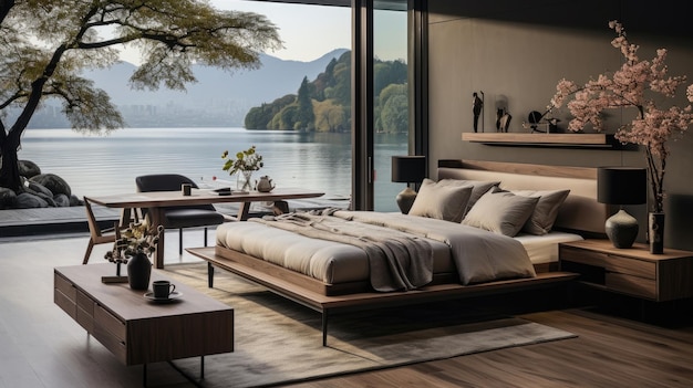 спальня в современном стиле Вьетнама с видом на озеро в минимализме простота и открытый вид