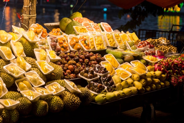 Vietnam night street food market with fruits