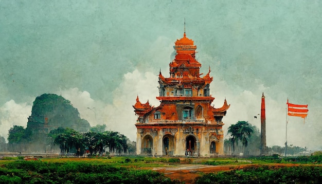 Vietnam oude bezienswaardigheden schilderij illustratie Vietnamese tempel architectuur