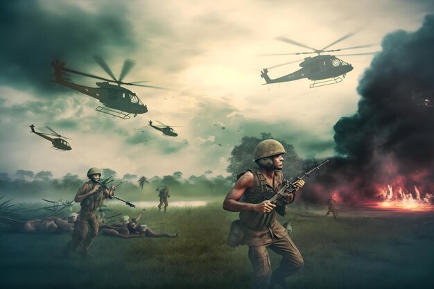 Фото Война во вьетнаме с вертолетами и взрывами, созданная нейронной сетью