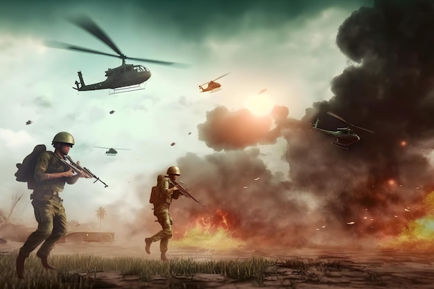 Vietnam war with helicopters and explosions Neural network AI generated