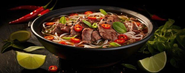 Vietnamese and Asian cuisine Pho Bo traditional Soup with beef on dark backround Close up Generative ai