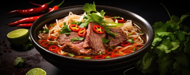 Vietnamese and Asian cuisine Pho Bo traditional Soup with beef on dark backround Close up Generative ai