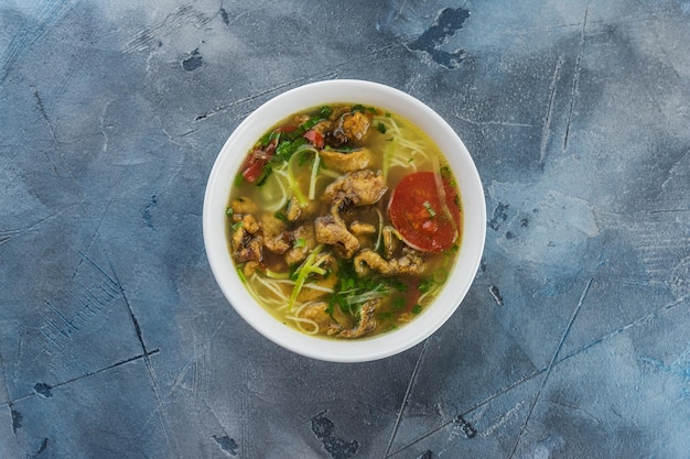 Vietnamese cuisine food on gray textured background Soup