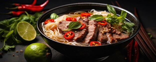 Vietnamese en Aziatische keuken Pho Bo traditionele soep met rundvlees op donkere achtergrond Close up Generative ai