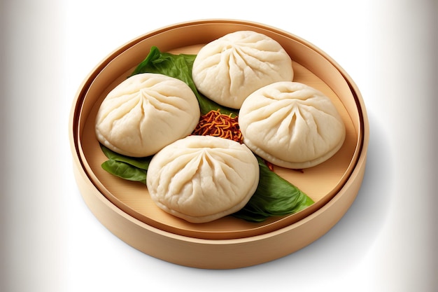 Vietnamese food banh bao packed is presented on a platter against a stark white background