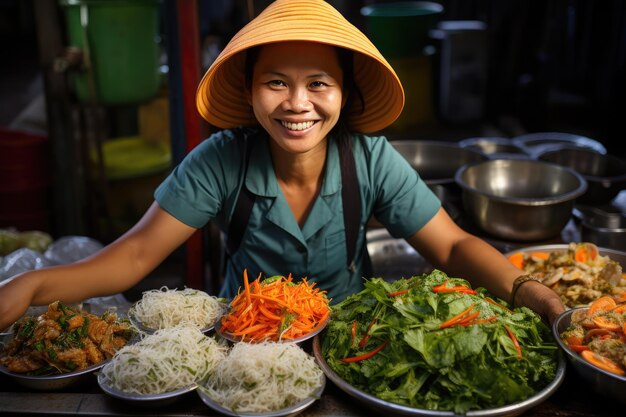 사진 지역 시장 에 있는 베트남 식품 판매자
