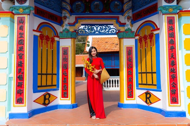 Vietnamese girl with Ao Dai dress standing in traditional house of Vietnam Text in photo mean best wishes to family happiness prosperity health Tet holiday and New Year